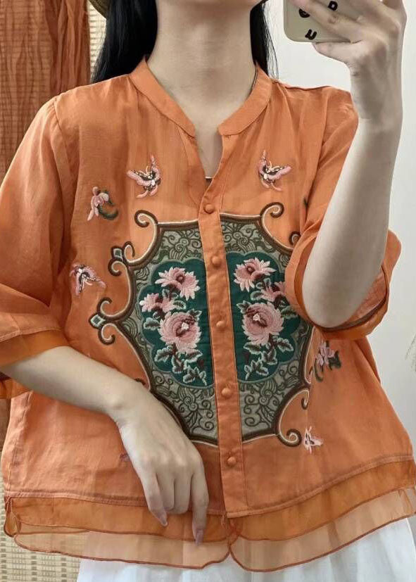 Retro Orange V Neck Embroideried Button Patchwork Linen Shirts Half Sleeve