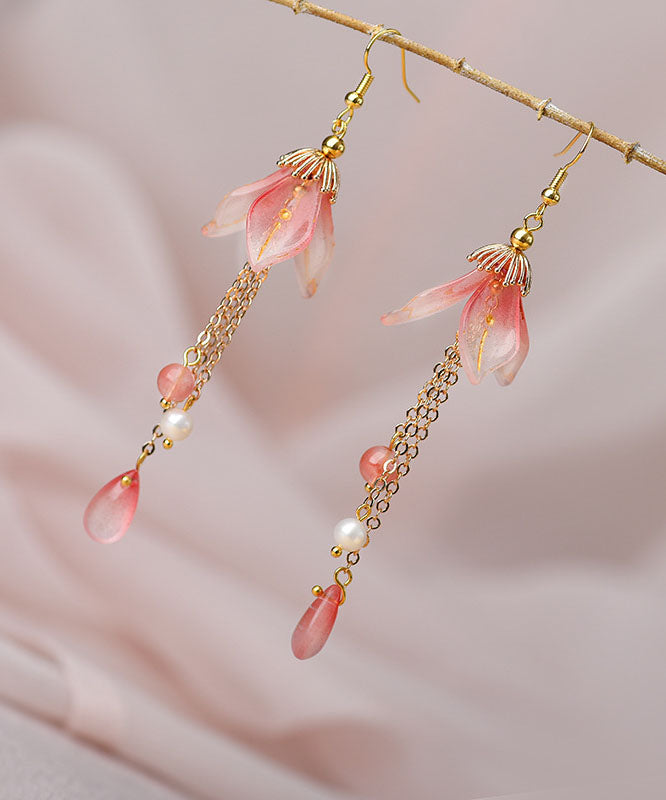 Retro Pink Coloured Glaze Lily Flower Pearl Drop Earrings