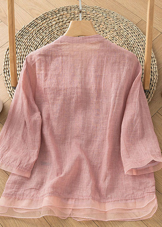 Retro Pink Embroideried Button Patchwork Linen Shirt Top Summer