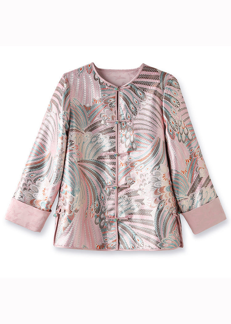 Retro Pink Embroideried Chinese Button Patchwork Silk Coats Fall