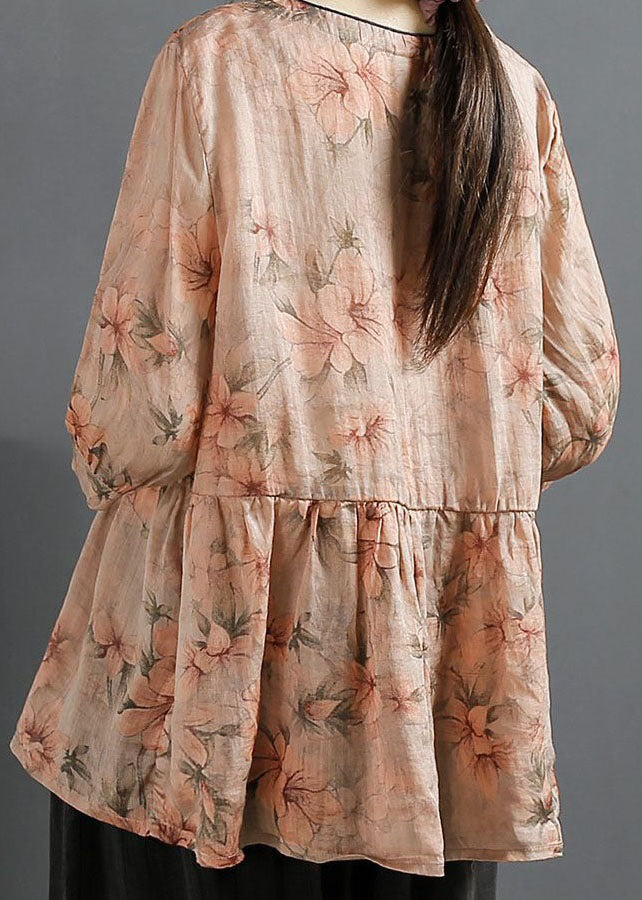 V Neck Floral Print Wrinkled Patchwork Linen Shirt