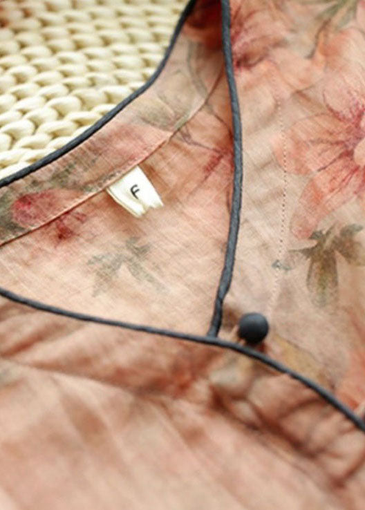V Neck Floral Print Wrinkled Patchwork Linen Shirt