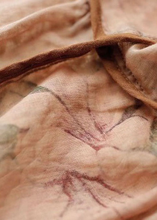 V Neck Floral Print Wrinkled Patchwork Linen Shirt