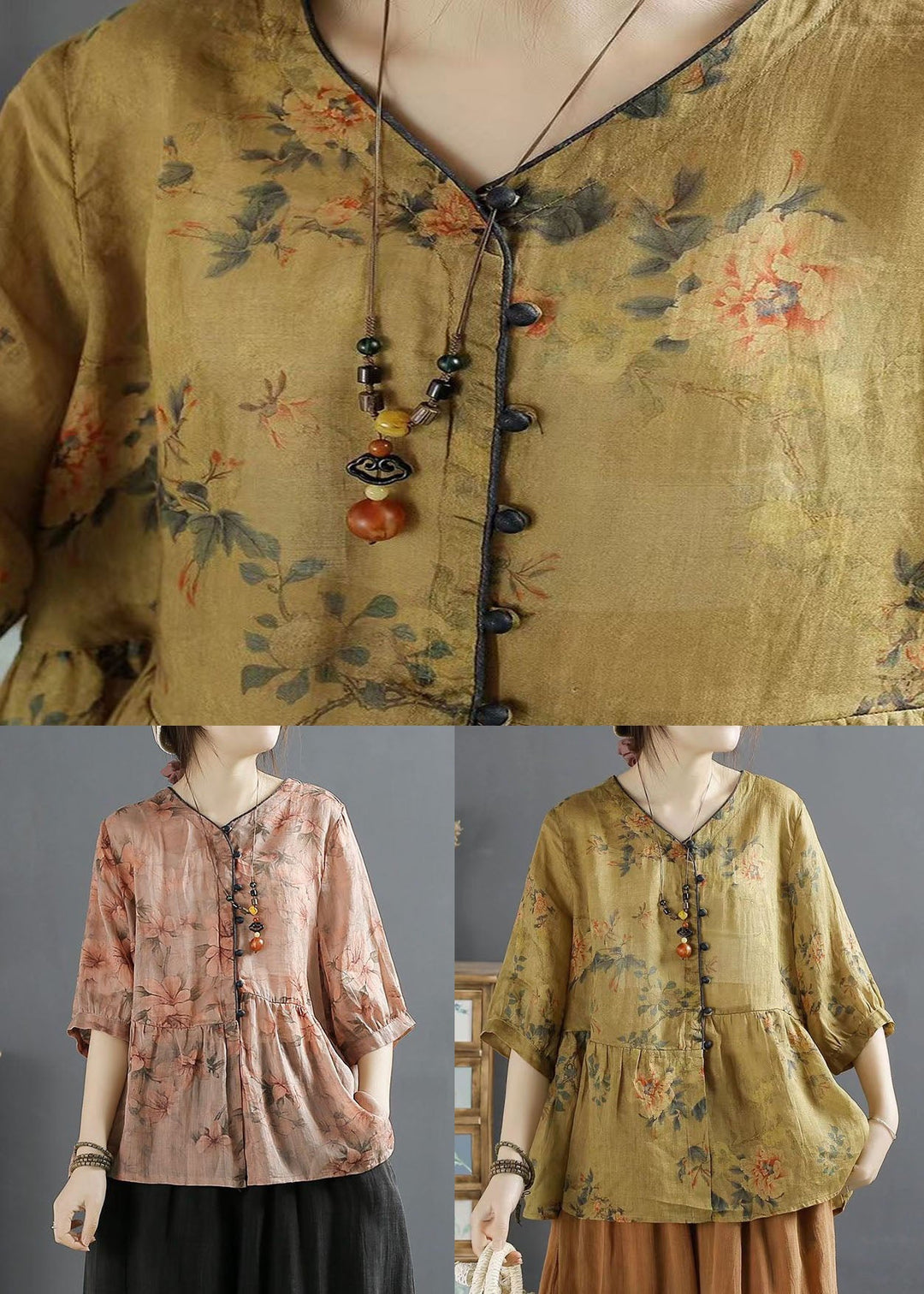 V Neck Floral Print Wrinkled Patchwork Linen Shirt