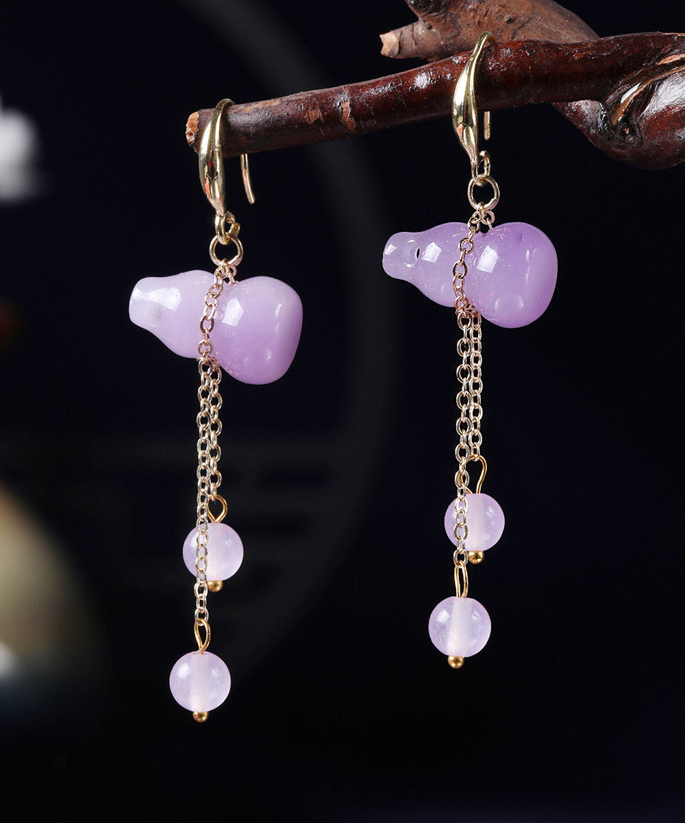 Retro Purple Overgild Chalcedony Tassel Gourd Drop Earrings - Omychic