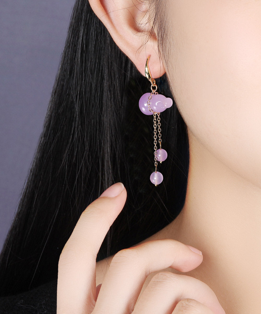 Retro Purple Overgild Chalcedony Tassel Gourd Drop Earrings - Omychic