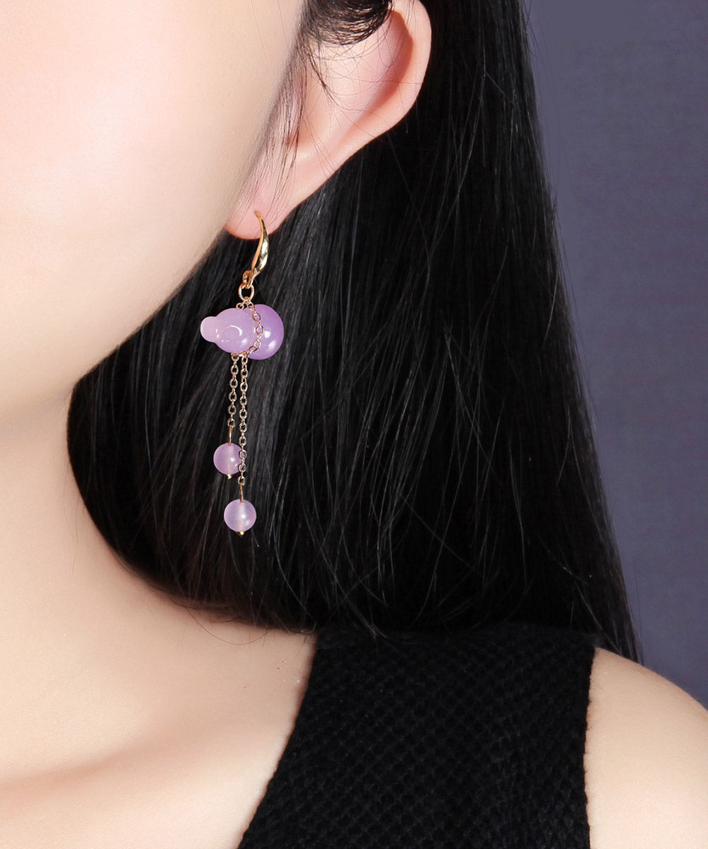 Retro Purple Overgild Chalcedony Tassel Gourd Drop Earrings - Omychic