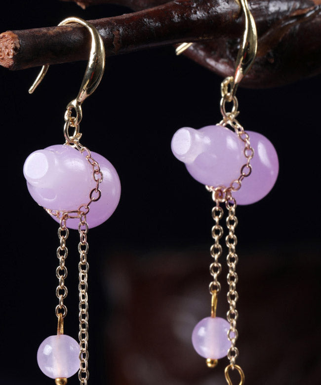 Retro Purple Overgild Chalcedony Tassel Gourd Drop Earrings - Omychic