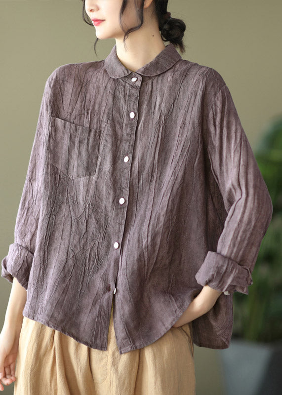 Retro Purple Peter Pan Collar Button Pockets Wrinkled Linen Shirt Long sleeve