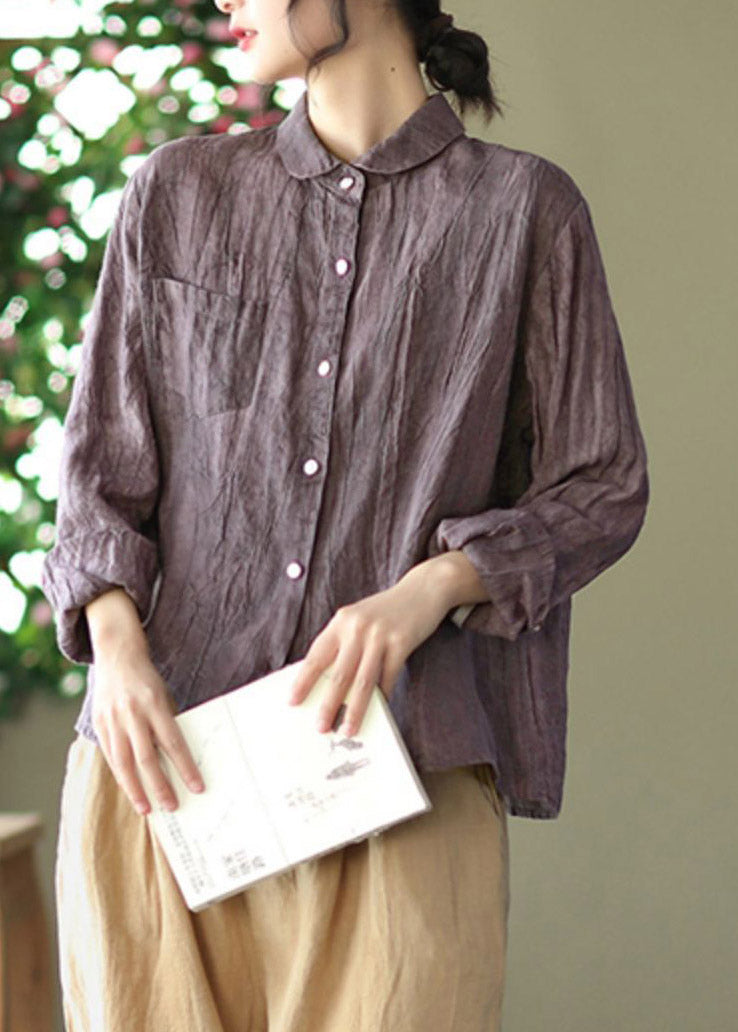 Retro Purple Peter Pan Collar Button Pockets Wrinkled Linen Shirt Long sleeve