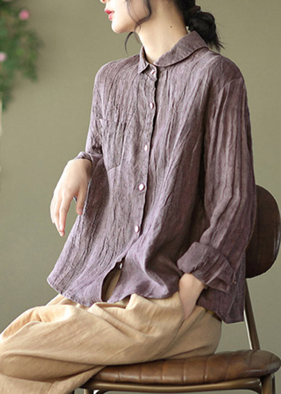 Retro Purple Peter Pan Collar Button Pockets Wrinkled Linen Shirt Long sleeve