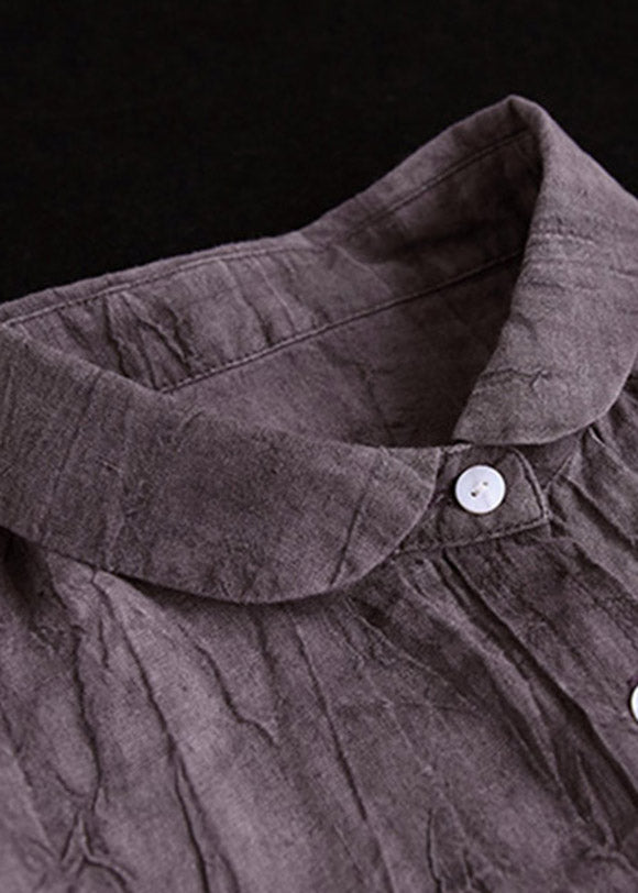 Retro Purple Peter Pan Collar Button Pockets Wrinkled Linen Shirt Long sleeve