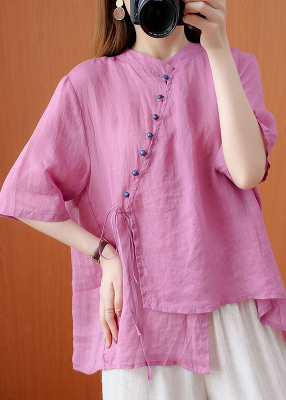 Retro Purple Stand Collar Button Lace Up Patchwork Linen Top Summer