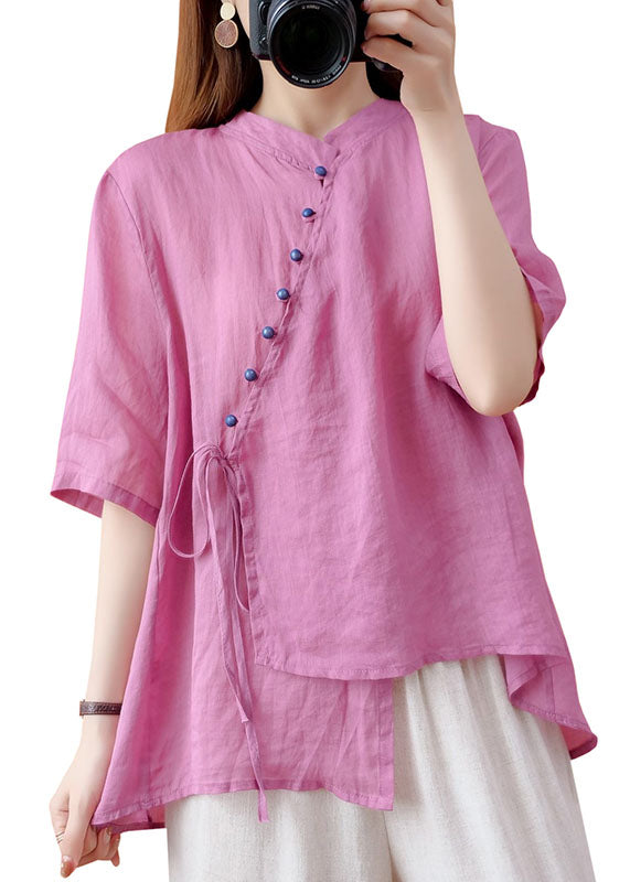 Retro Purple Stand Collar Button Lace Up Patchwork Linen Top Summer