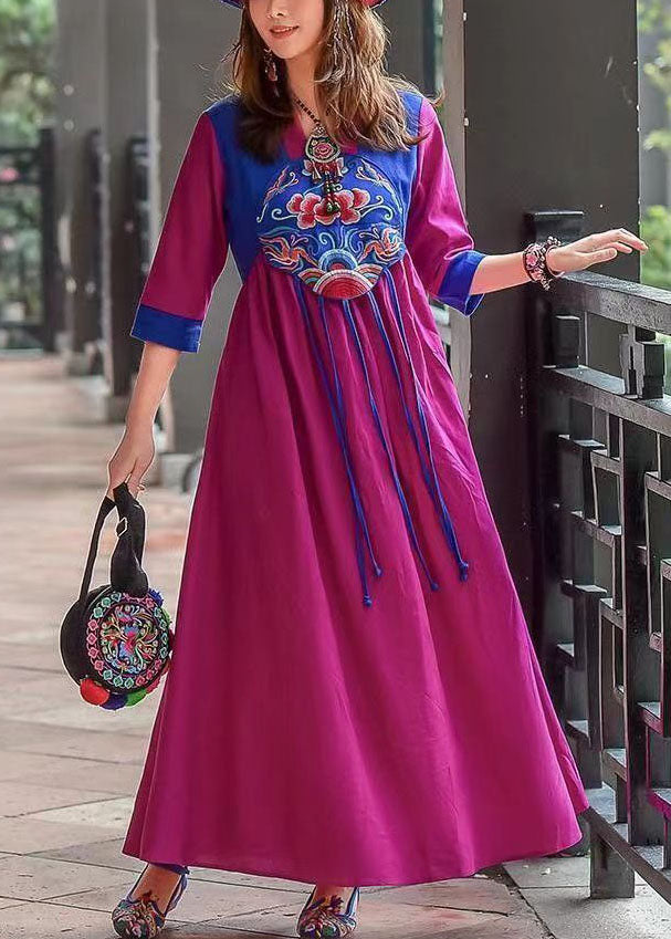 Retro Purple Tasseled Embroideried Patchwork Cotton Long Dresses Spring