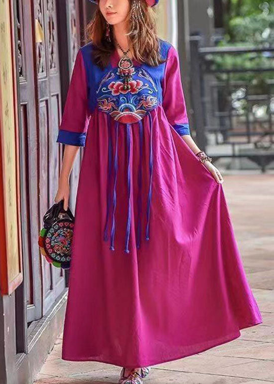Retro Purple Tasseled Embroideried Patchwork Cotton Long Dresses Spring