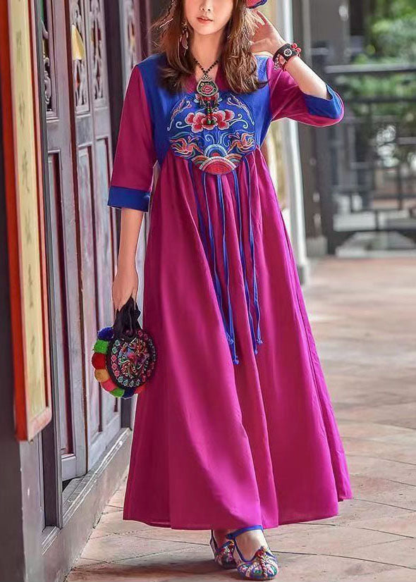 Retro Purple Tasseled Embroideried Patchwork Cotton Long Dresses Spring