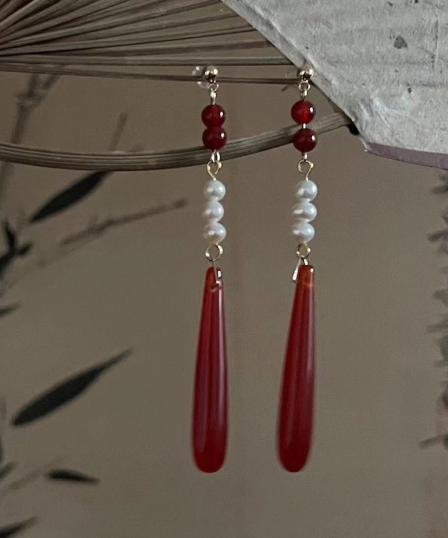Retro Red Alloy Acrylic Pearl Agate Drop Earrings