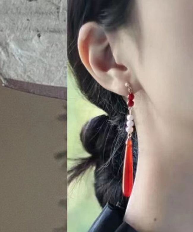 Retro Red Alloy Acrylic Pearl Agate Drop Earrings