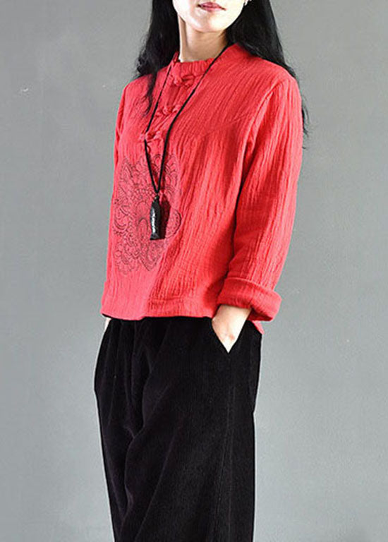 Retro Red Embroideried Chinese Button Patchwork Linen Shirts Spring