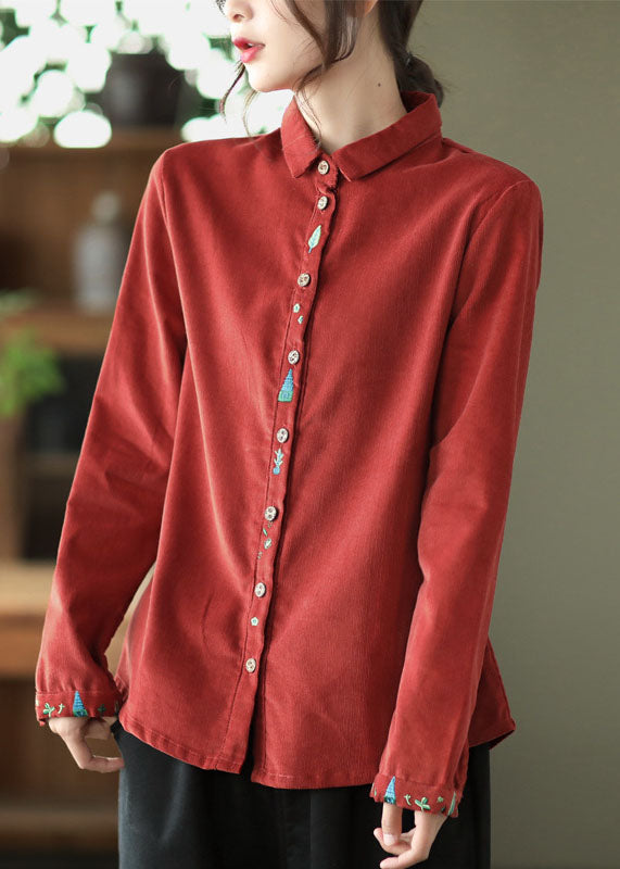 Retro Red Embroideried Patchwork Corduroy Shirt Tops Spring