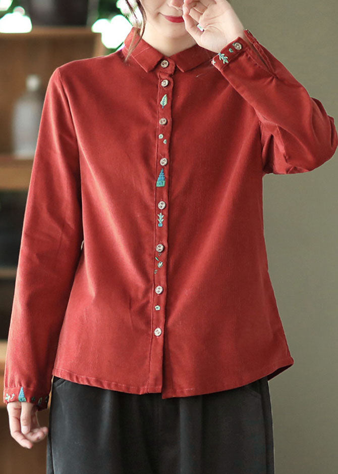 Retro Red Embroideried Patchwork Corduroy Shirt Tops Spring