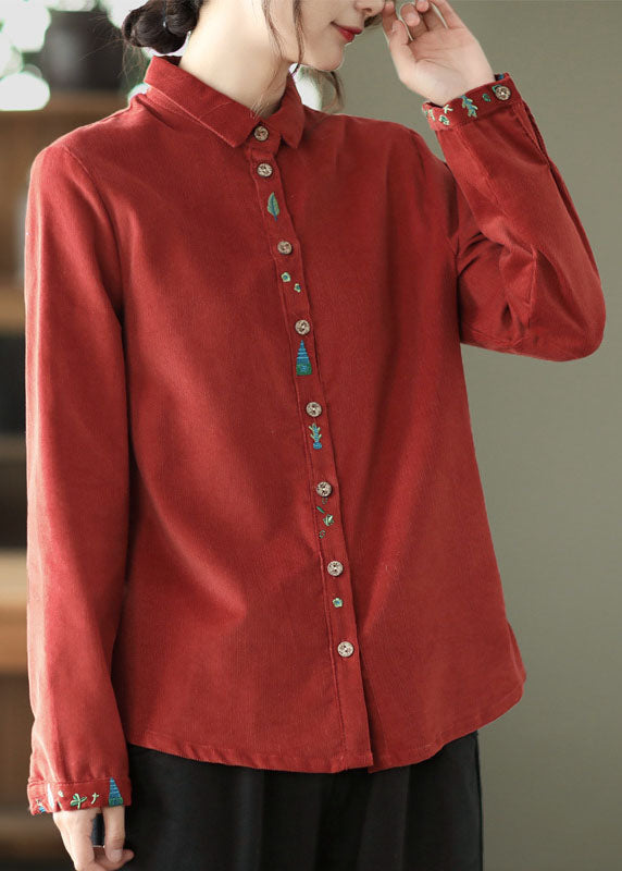 Retro Red Embroideried Patchwork Corduroy Shirt Tops Spring