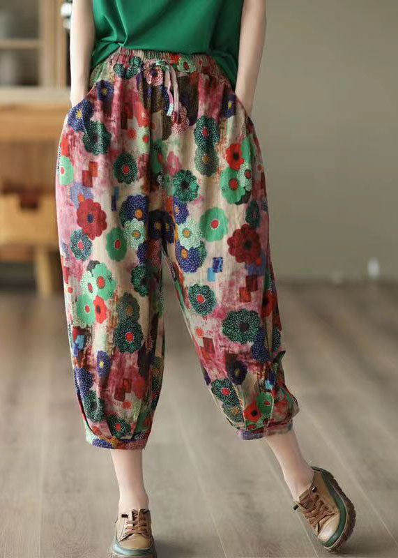 Retro Red Print Pockets Patchwork Cotton Crop Pants Summer