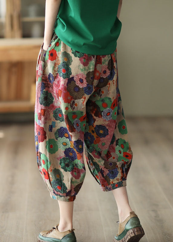 Retro Red Print Pockets Patchwork Cotton Crop Pants Summer