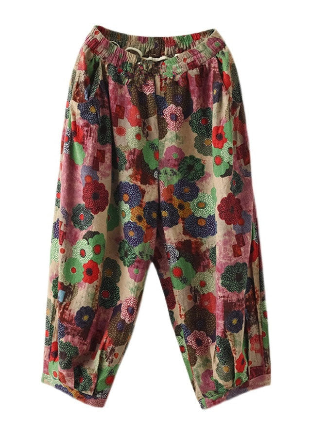 Retro Red Print Pockets Patchwork Cotton Crop Pants Summer