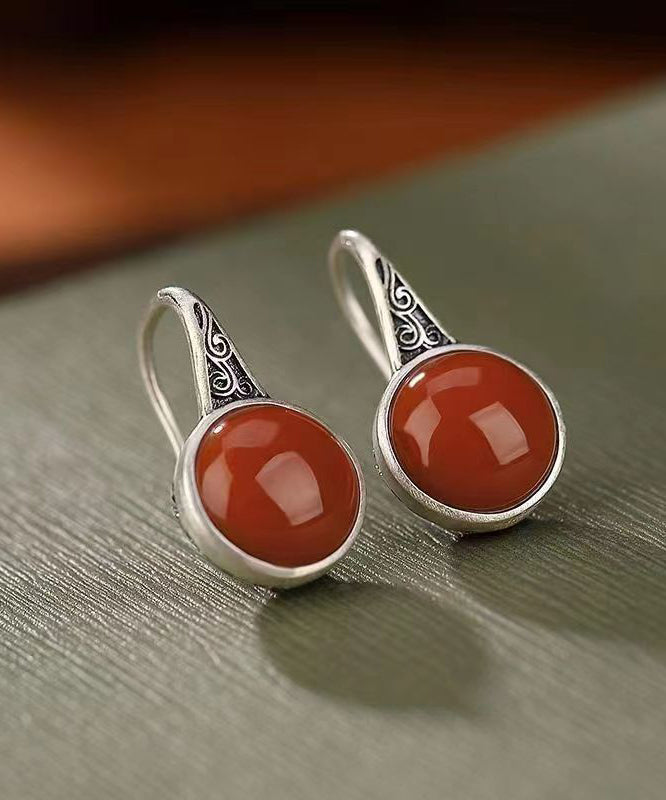 Retro Red Sterling Silver AgateAauspicious Clouds Hollowed Out Drop Earrings
