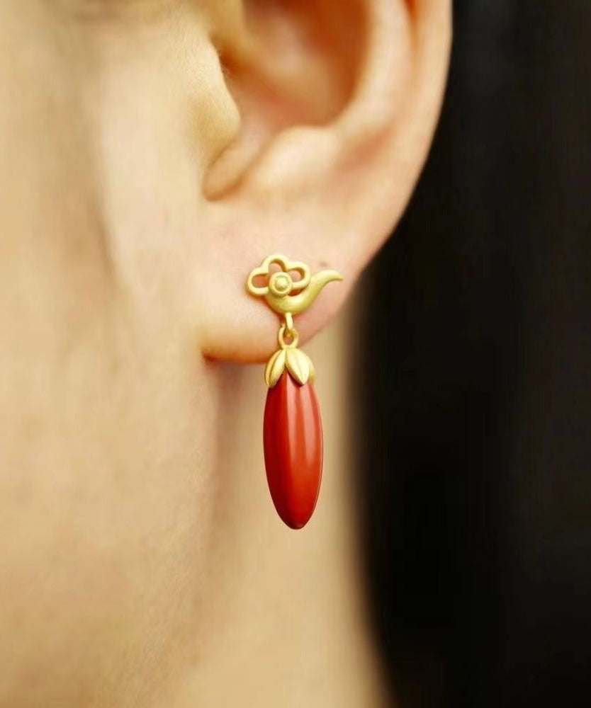 Retro Red Sterling Silver Inlaid Lingdan Vermiling Sand Drop Earrings