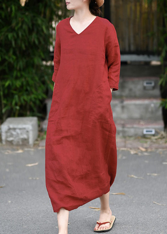 Retro Red V Neck Pockets Linen Long Dress Three Quarter Sleeve