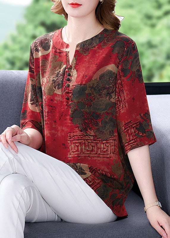 Retro Red V Neck Print Silk Top Half Sleeve