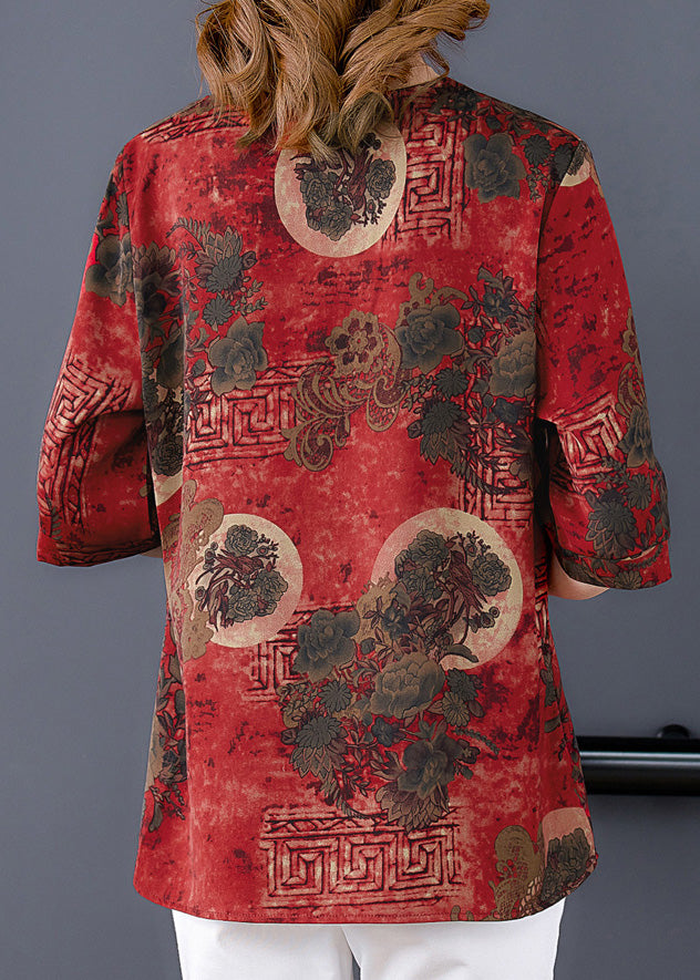 Retro Red V Neck Print Silk Top Half Sleeve