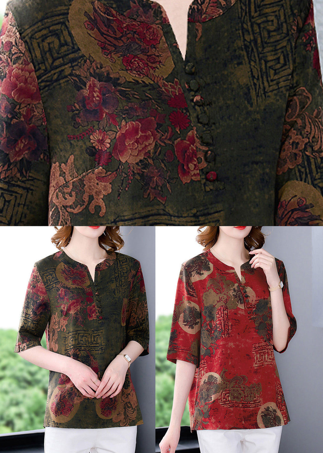 Retro Red V Neck Print Silk Top Half Sleeve