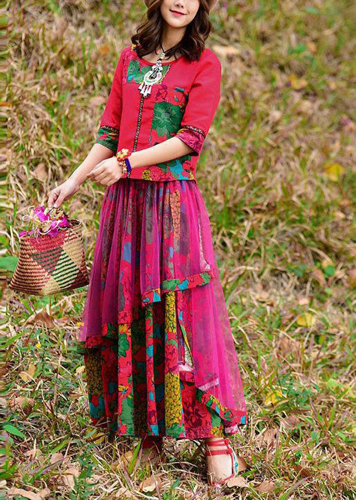 Retro Red Wrinkled Asymmetrical Tulle Patchwork Print Cotton Skirt Spring