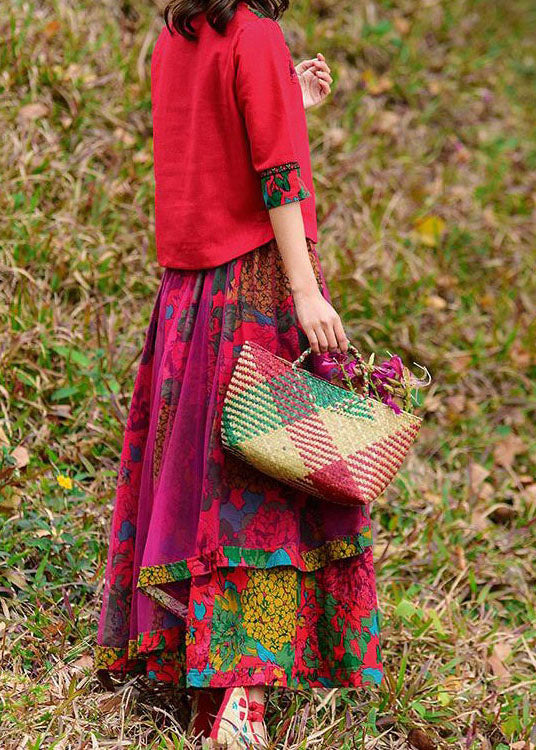 Retro Red Wrinkled Asymmetrical Tulle Patchwork Print Cotton Skirt Spring