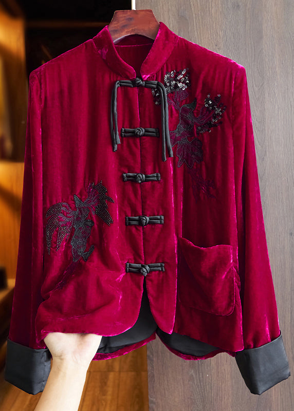 Retro Rose Embroideried Sequins Patchwork Silk Velour Coats Fall