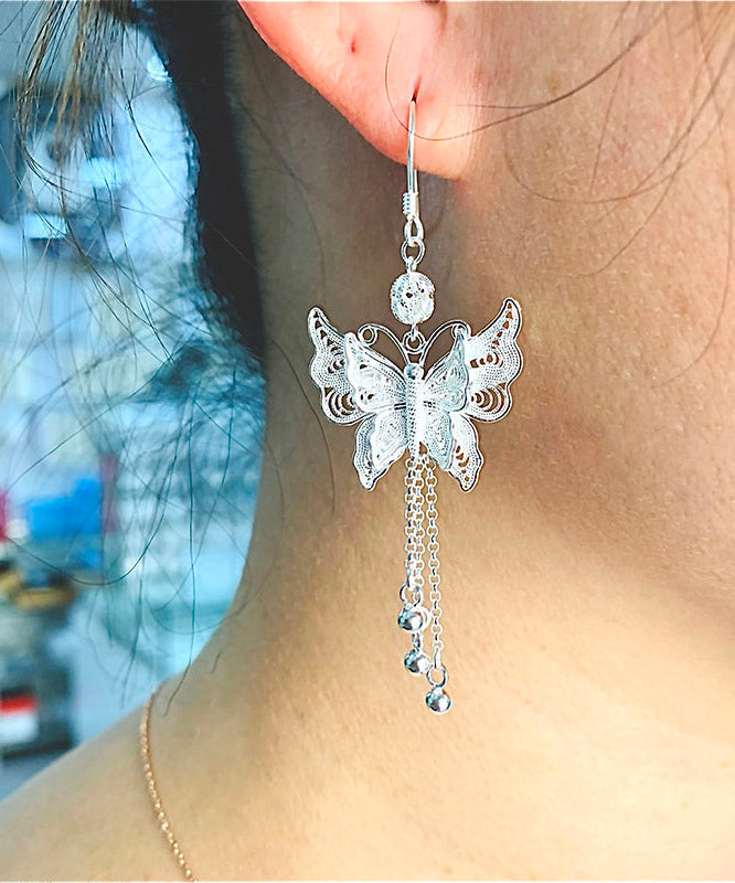 Retro Silk Sterling Silver Butterfly Tassel Drop Earrings