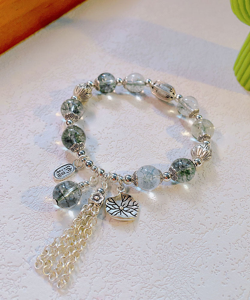 Retro Silk Sterling Silver Crystal Beading Lotus Tassel Charm Bracelet