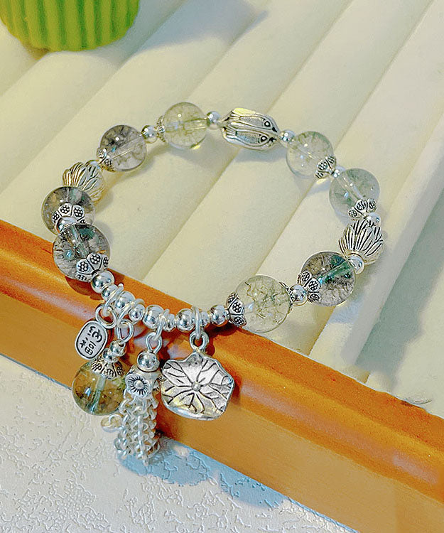 Retro Silk Sterling Silver Crystal Beading Lotus Tassel Charm Bracelet