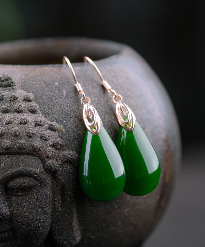 Retro Silk Sterling Silver Inlaid Jade Water Drops Drop Earrings