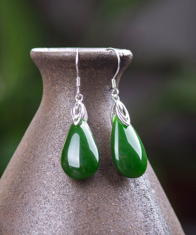 Retro Silk Sterling Silver Inlaid Jade Water Drops Drop Earrings