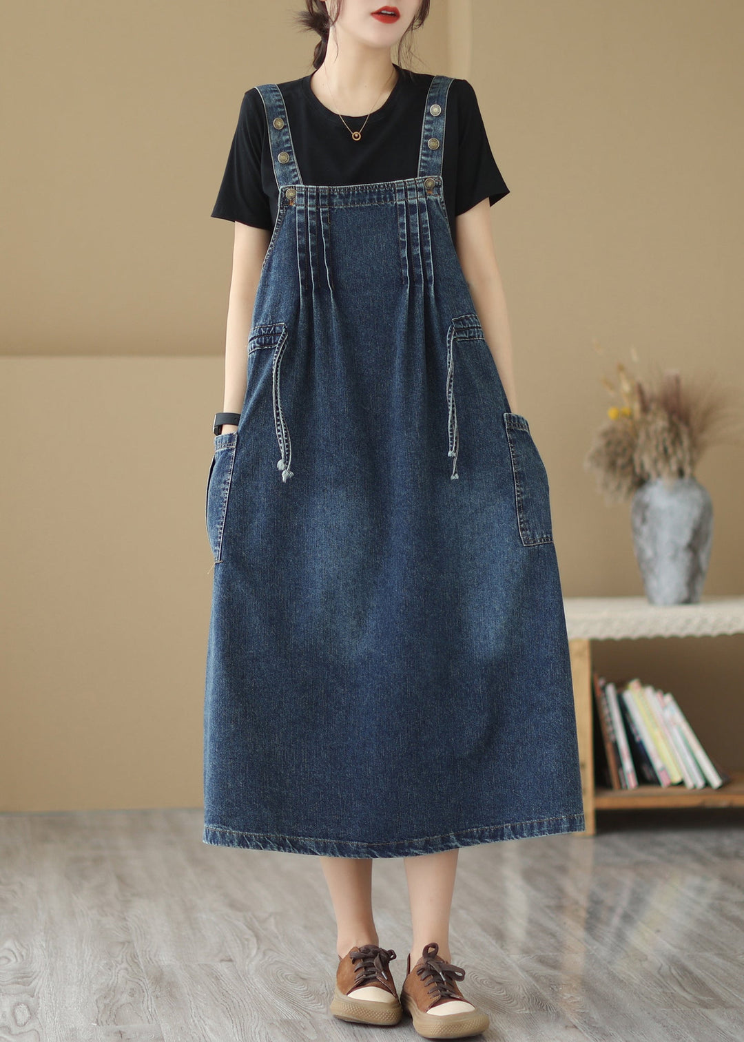 Retro Summer New Blue Pockets Drawstring Denim Strap Dresses