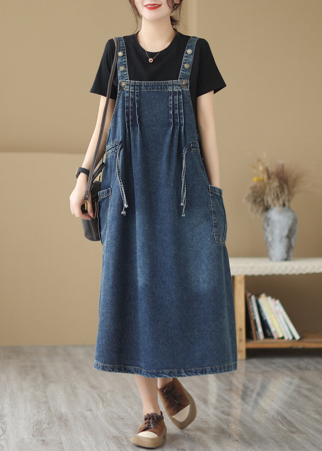 Retro Summer New Blue Pockets Drawstring Denim Strap Dresses