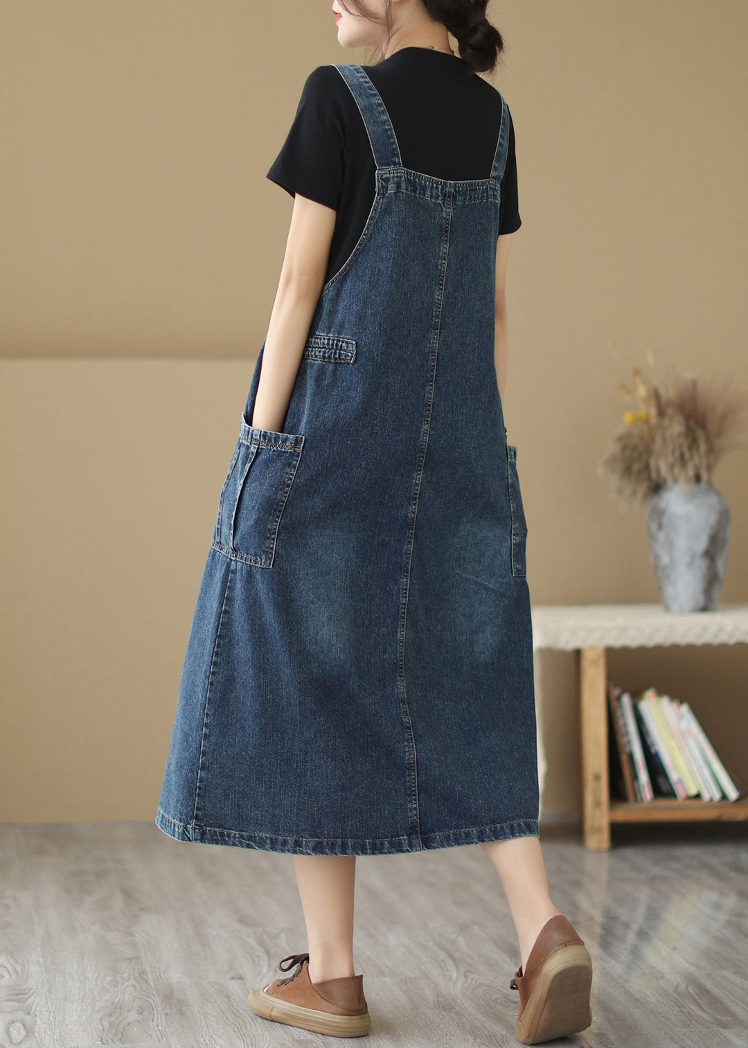 Retro Summer New Blue Pockets Drawstring Denim Strap Dresses