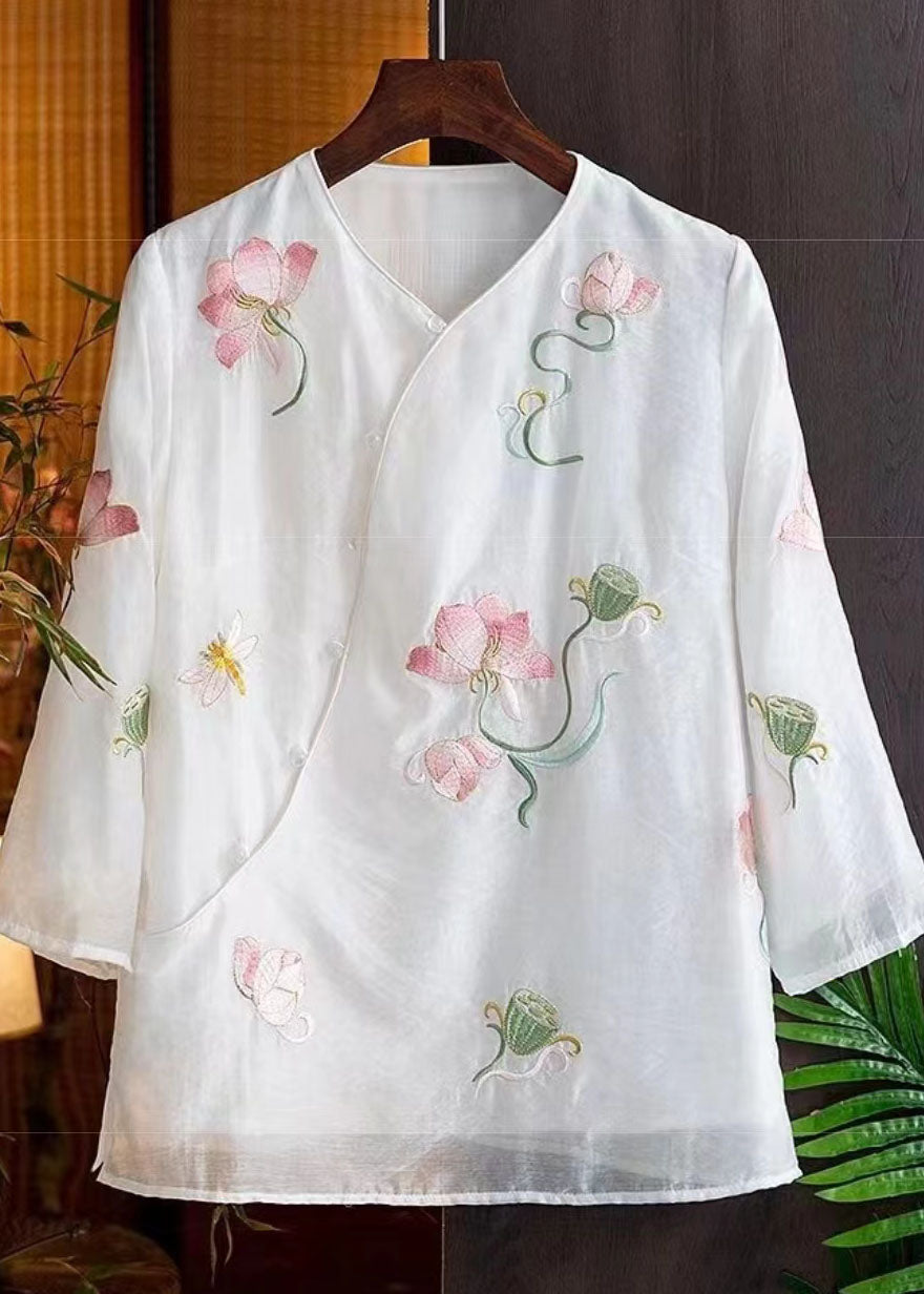 Retro White Embroideried Button Patchwork Cotton Shirts Bracelet Sleeve
