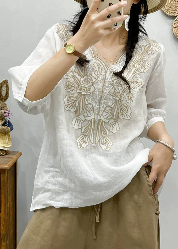 Retro White Embroideried Floral Tulle Patchwork Ramie T Shirt Summer