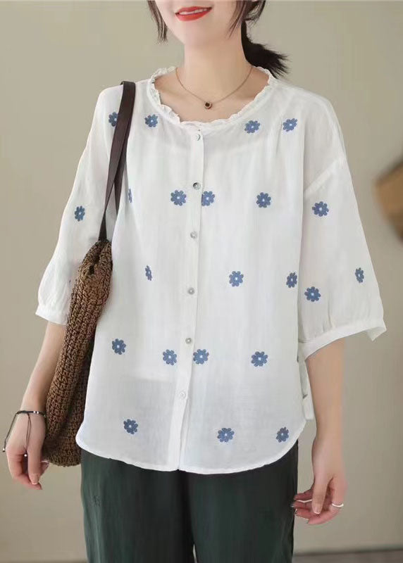 Retro White Embroideried Patchwork Linen Tops